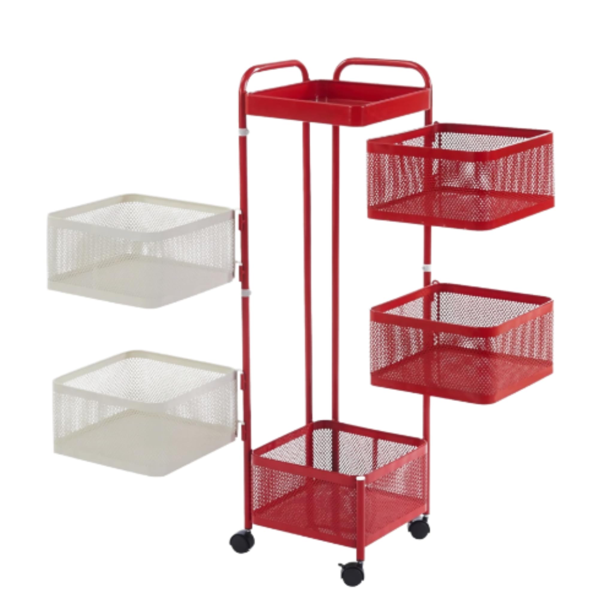 BURAKH Carrello portaoggetti girevole, quadrato, in metallo, con ruote, organizer per cucina e bagno, scaffale per verdure, carrello salvaspazio rosso e bianco (rosso e bianco, quadrato a 6 livelli)