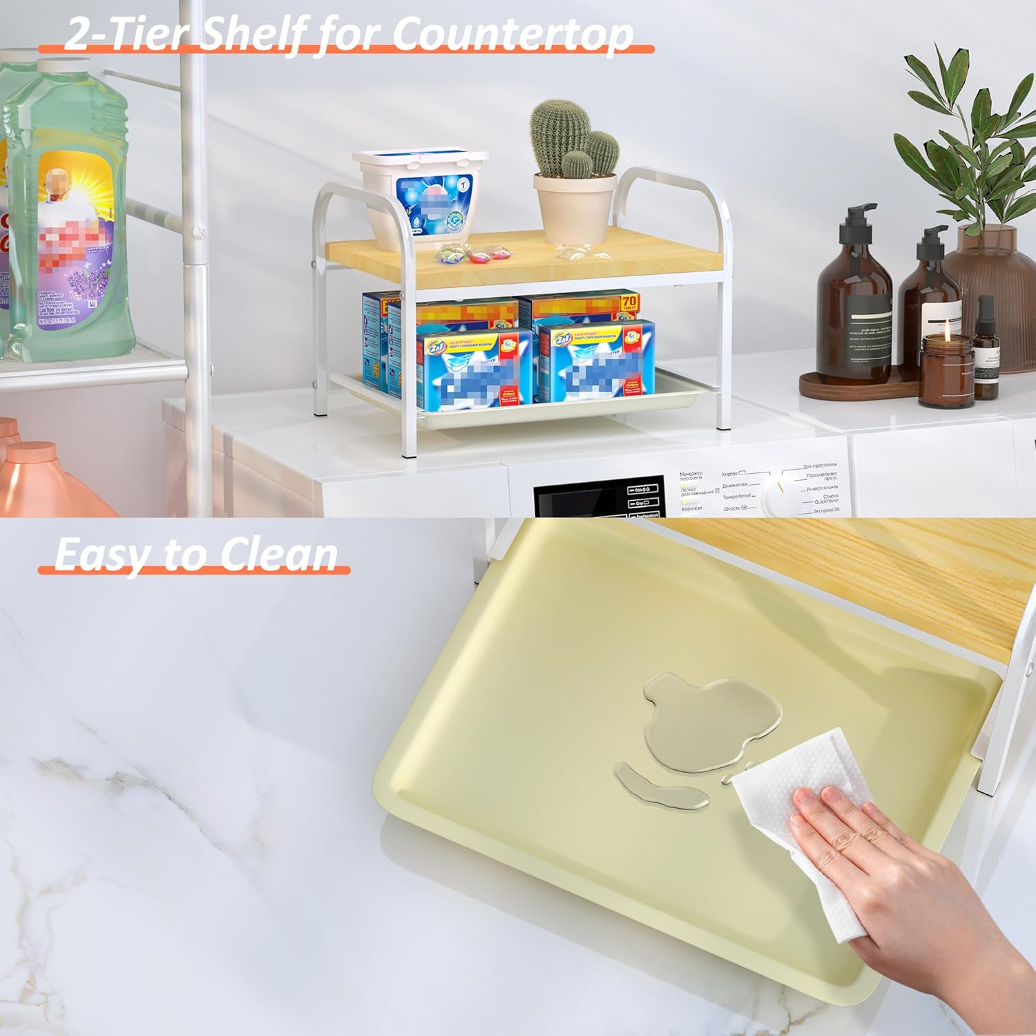 2-in-1 Laundry Detergent Holder & Organizer with Drip Tray, 2-Tier Metal Shelf for Countertop - Soap Dispenser & Storage Stand for Laundry Room, Kitchen, Bathroom, White