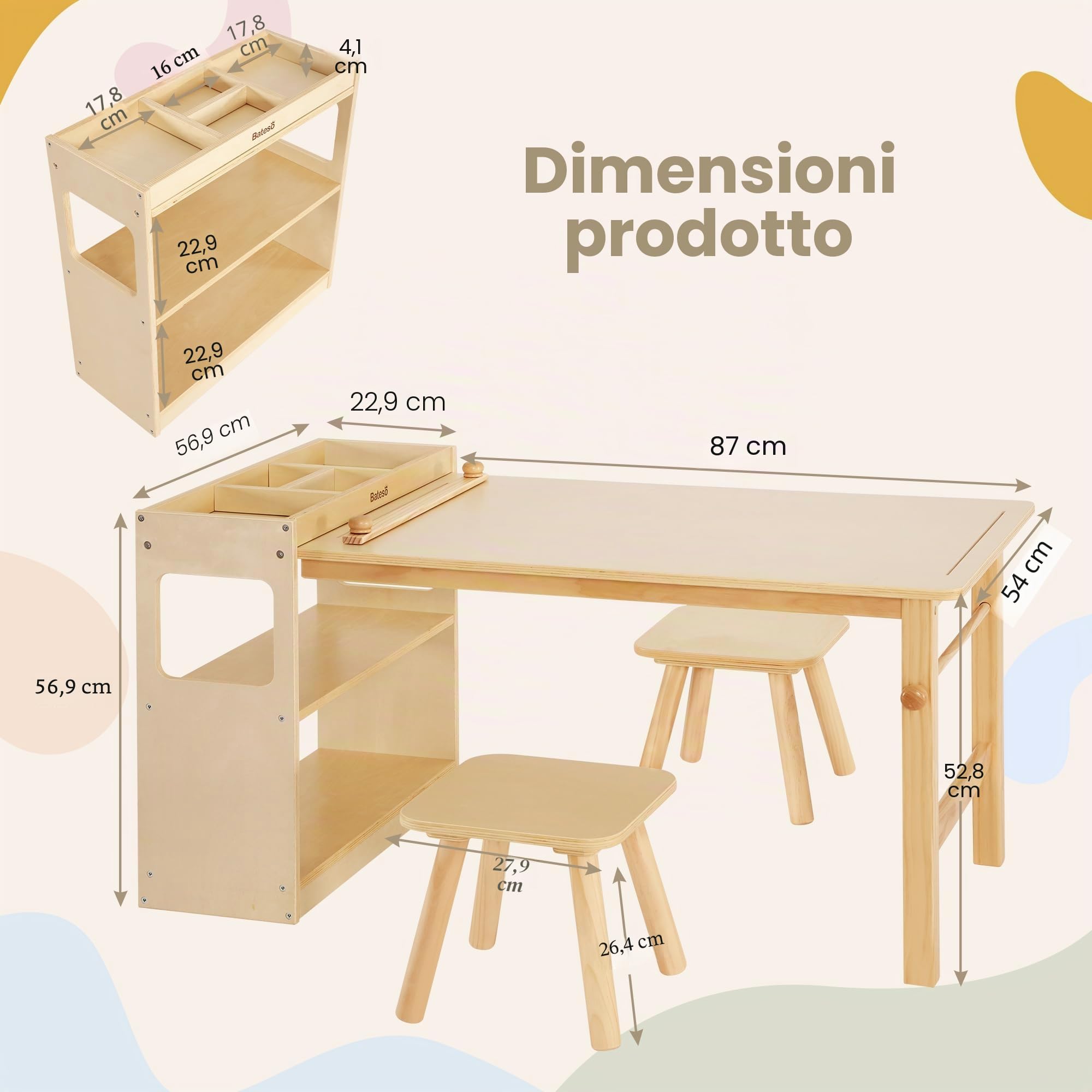 Bateso Tavolo artistico per bambini e 2 sedie con rotolo di carta - Ampio tavolo artigianale con ripiani per disegnare, lavorare e imparare - Mobili in legno ideali per il gioco creativo