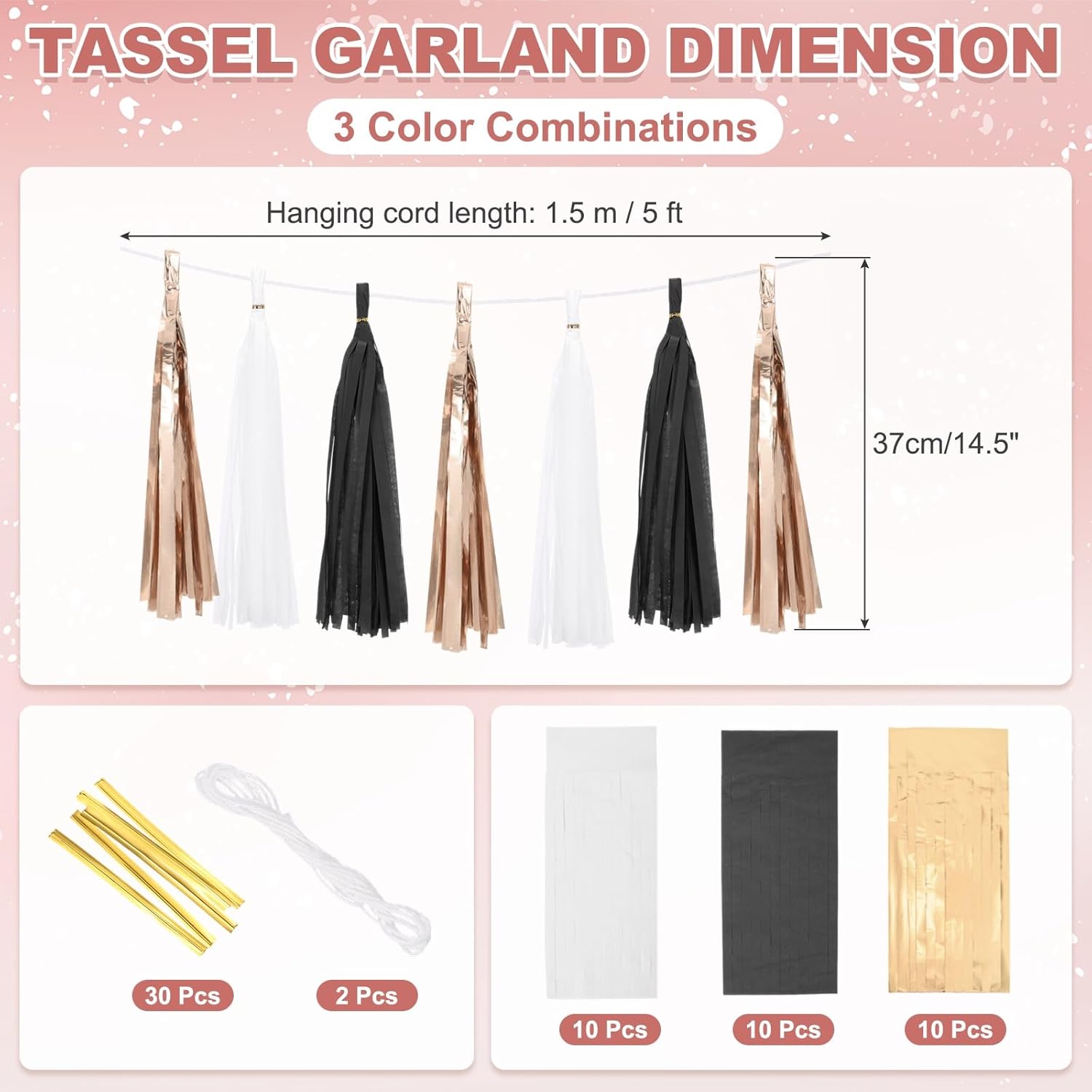 MECCANIXITY 30Pcs Tassel Garland Tissue Paper Tassels Banner Foil Fringe Streamers for Party Decorations Wedding Birthday DIY Kit, White Black Champagne Gold