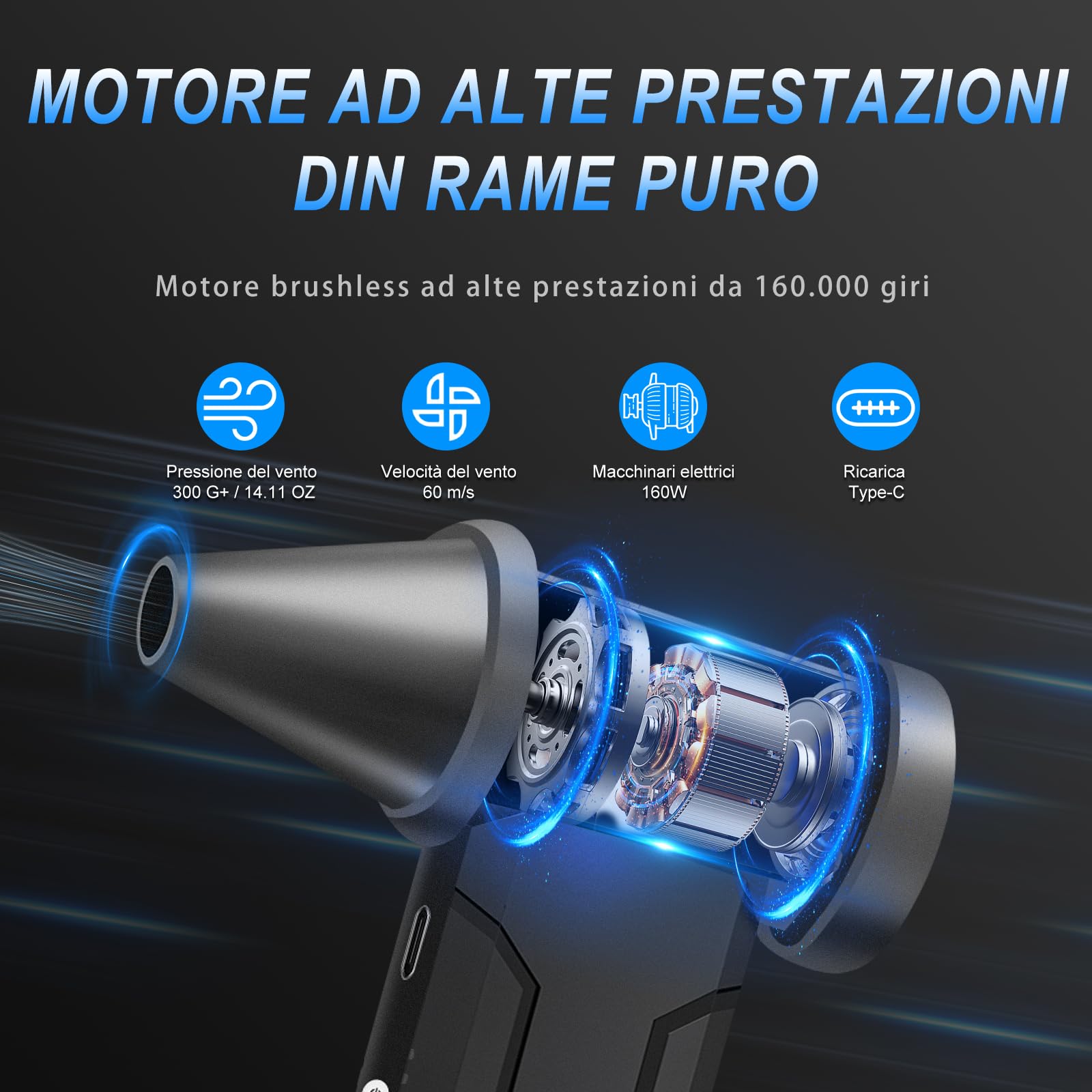 Aria Compressa Elettrica, 160000 Giri/Min Soffiatore Aria Compressa con Batteria da 10000 mAh, Mini Soffiatore Portatile a 4 Velocità per Pulizia di PC, Tastiera, Auto e Divano