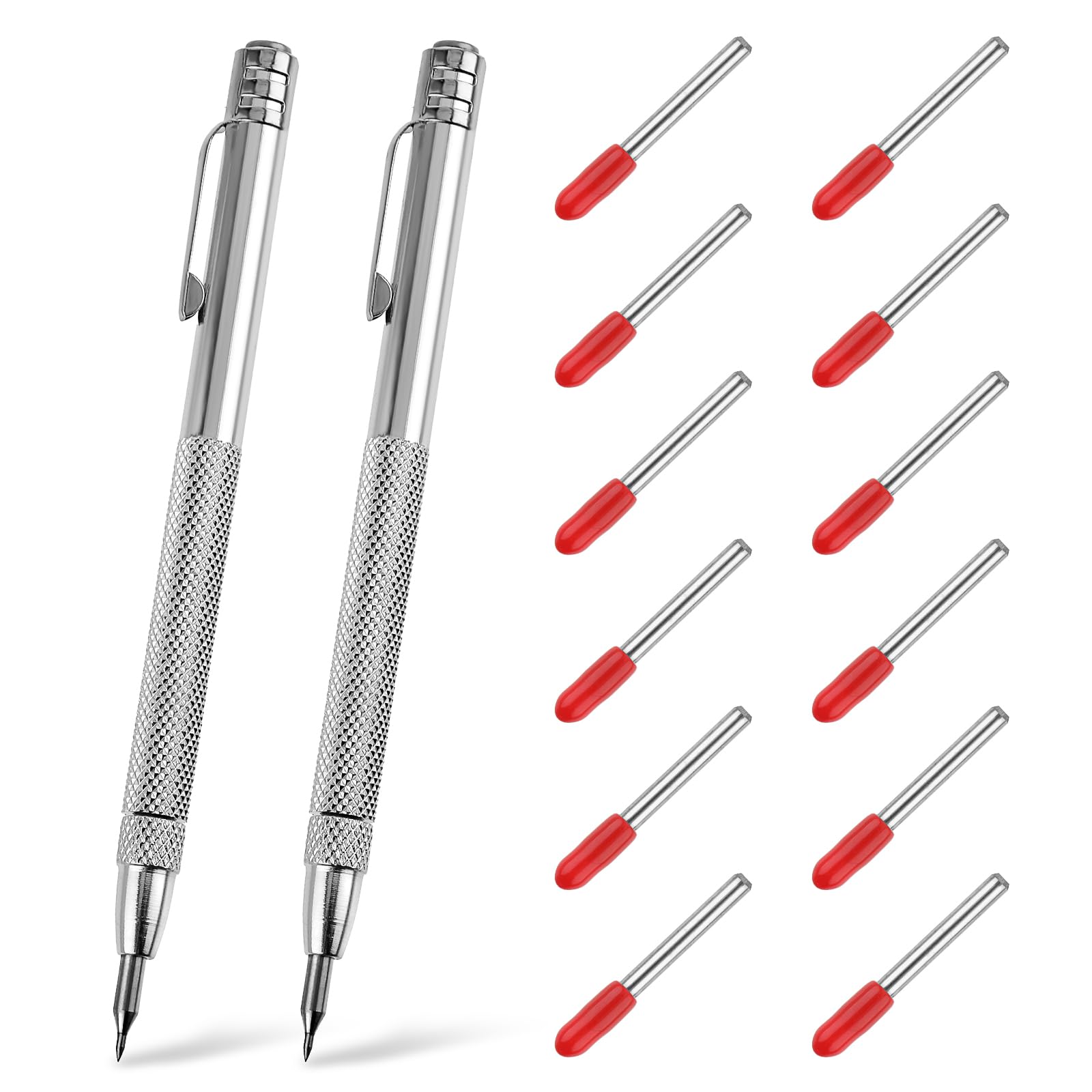 TIESOME 2 PCS Tungsten Carbide Scriber with Magnet with 12 Replacement Marking Tip, Aluminium Etching Engraving Pen Machinist Carbide Scribe Tool Etching Pen With Clip for Glass/Ceramics/Metal Sheet