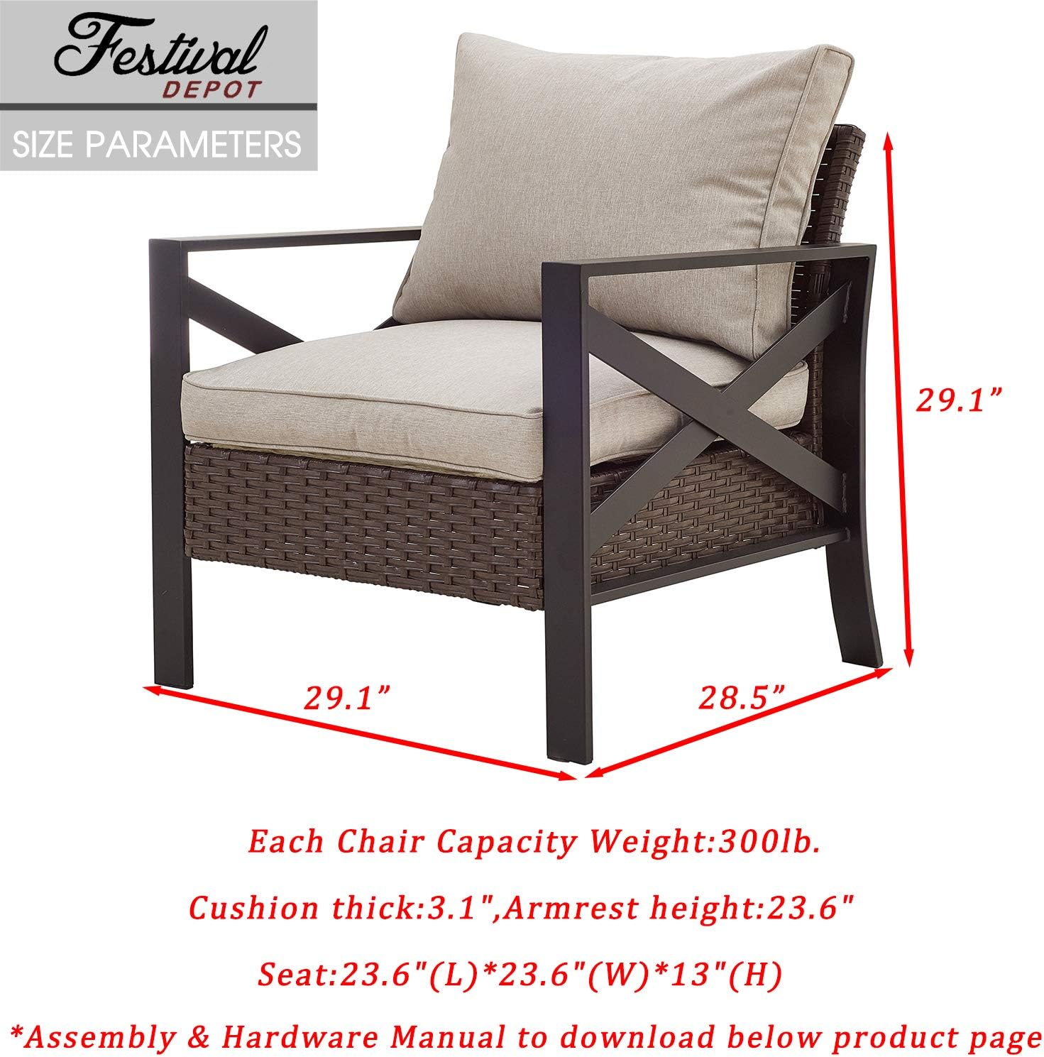 Festival Depot Patio Armchair Wicker Dining Chair with Thick Cushions Outdoor Furniture for Bistro Garden Yard All-Weather