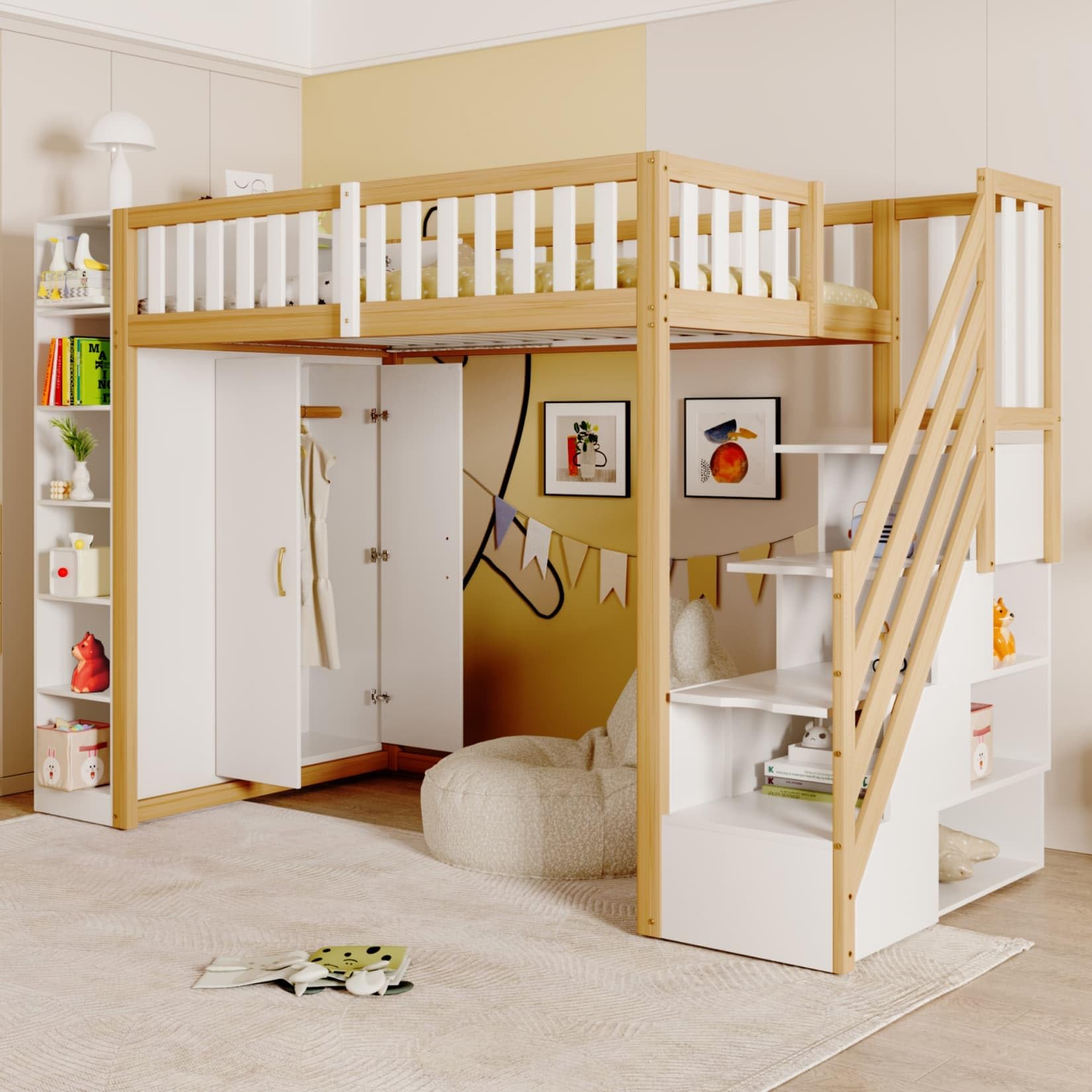 EURHCIO Lit Mezzanine 1 Place,Lit Mezzanine Enfant 90x200 avec Grandes armoires,Armoire de Chevet,échelles de Rangement,étagères,Haute Barrière,pour Enfants Adolescents (Naturel)