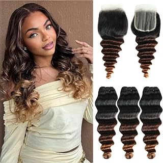 Ombre Loose Curly Bundles with Closure Human Hair T1B/2/4 Color 16 18 20+16 | Chestnut Brown Colored Quick Weave Bundles Human Hair with 4x4 Lace Closure, 100% Real Virgin Remy Hair, Double Machine Weft