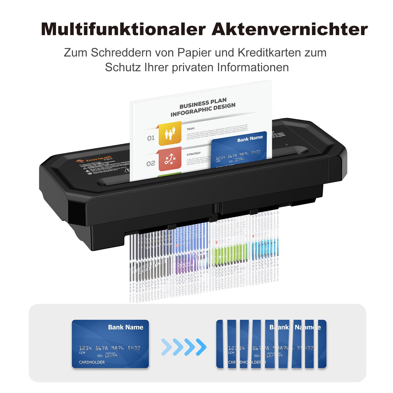 Bonsaii Aktenvernichter, 6-Blatt Streifenschnitt für Homeoffice, inklusive Kreditkartenvernichtung, P-2, Ausziehbarem Griff, geeignet für Abfallbehälter mit 31,5–39,5cm Durchmesser, S125-A