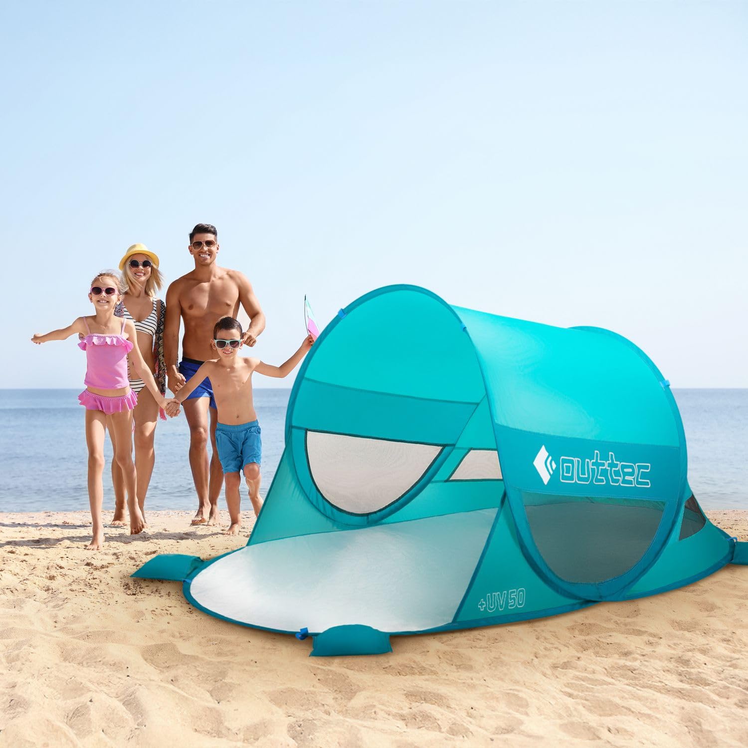 Outtec Self-Folding Tent Pop Up Beach Tent with Sandbags, Easy to Carry, Garden Shell with 50 UV Protection, Waterproof, Wind Protection, Sun Protection, Turquoise, 195 x 120 cm