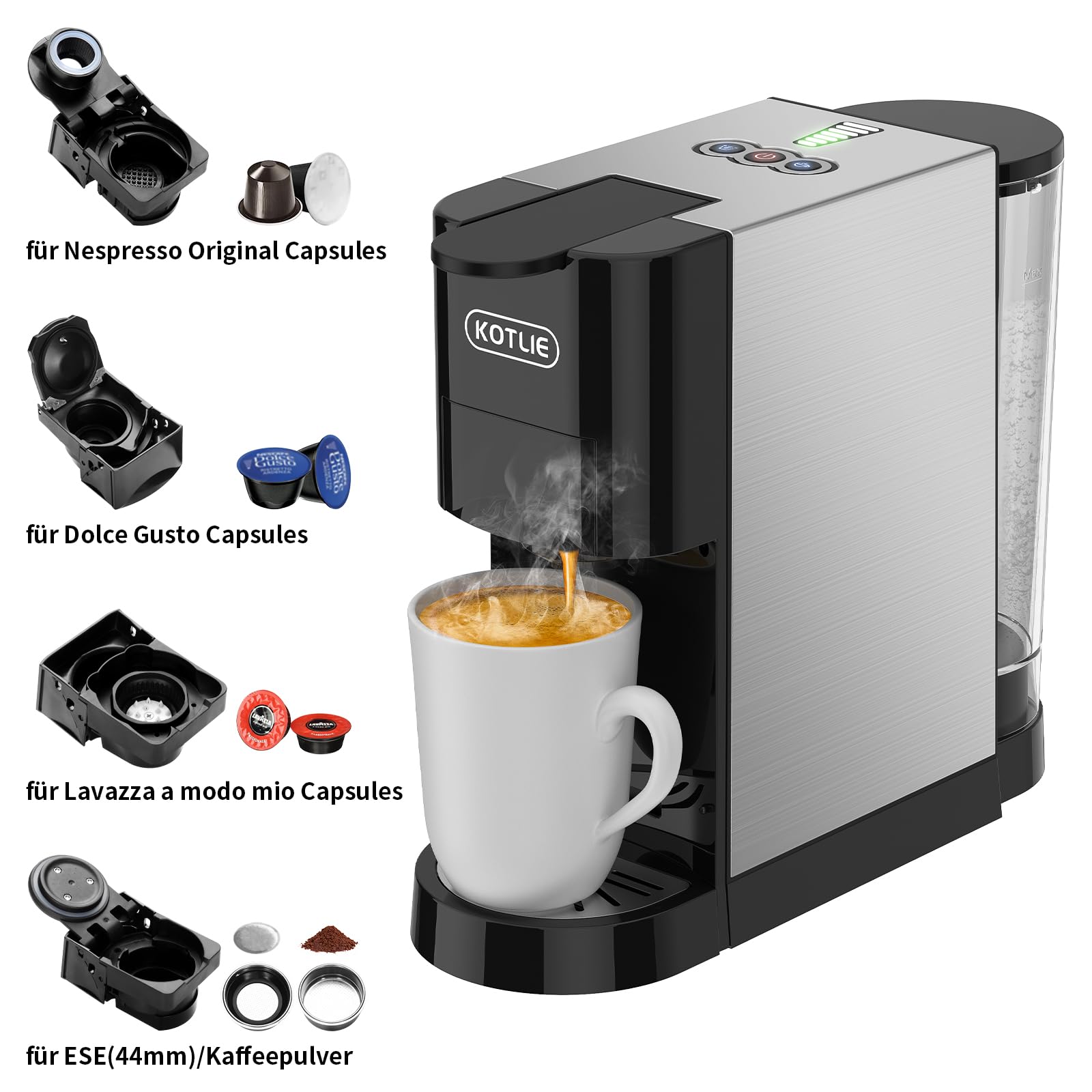 KOTLIE AC-513HF 5 in 1 Kaffeemaschine für NES/DG/a modo mio/Gemahlener Kaffee/ESE(44mm), Höhe für große Tassen (Schwarz)