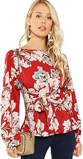 Romwe Women's Floral Print Long Sleeve Self tie Waist Knot Blouse Top