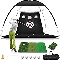 TOSOZE 10x7FT Golf Practice Net with Foldable Tri-Turf Mat, Targets, Balls & Tee - Home Hitting Aid for Backyard Driving & Chipping