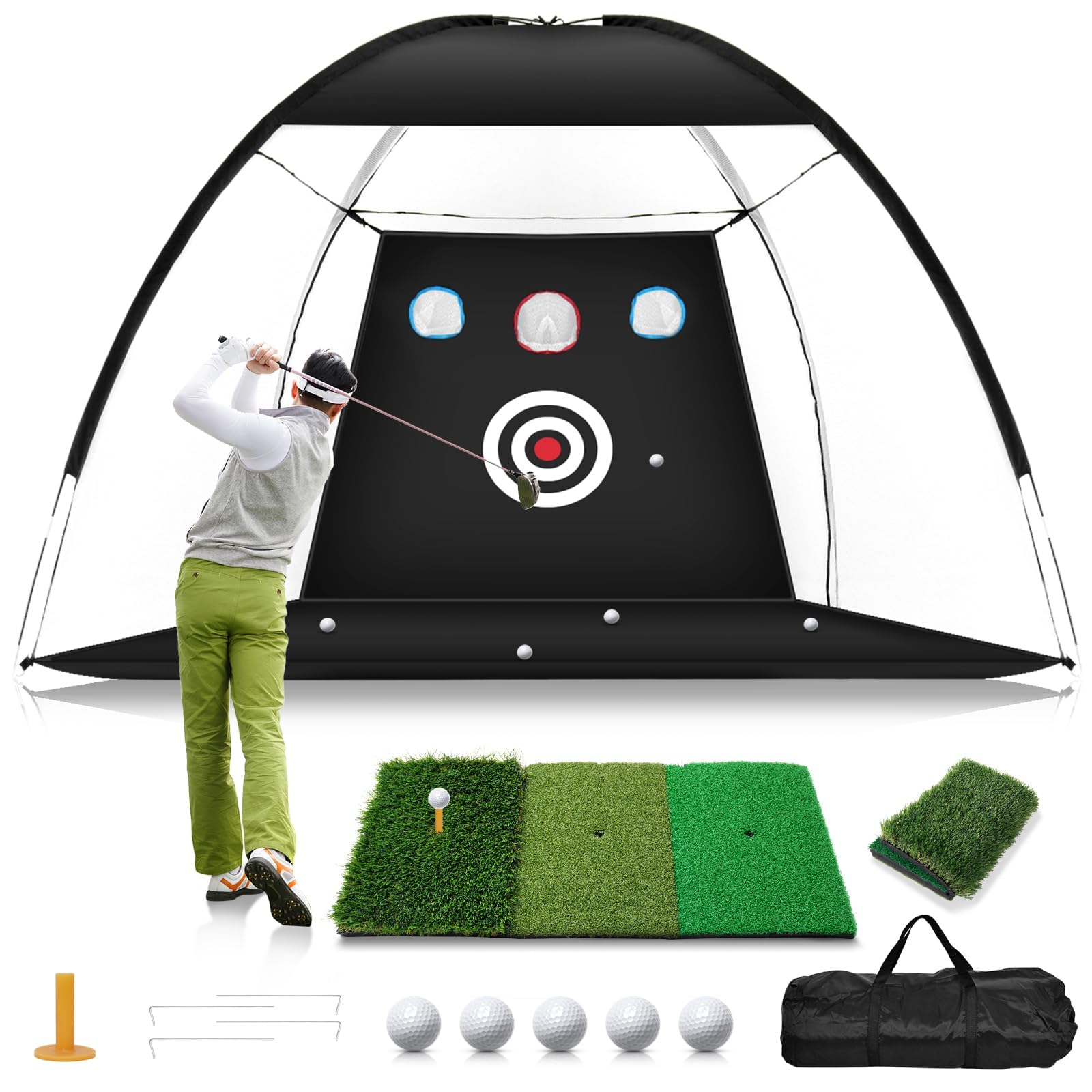 Golf Net, 10x7FT Home Golf Hitting Aids Equipment with Foldable Tri-Turf Mat for Backyard Driving Chipping Swing with Training Target/Balls/Tee for Outdoor Indoor, Gifts for Men Him Dad Boys Golfers
