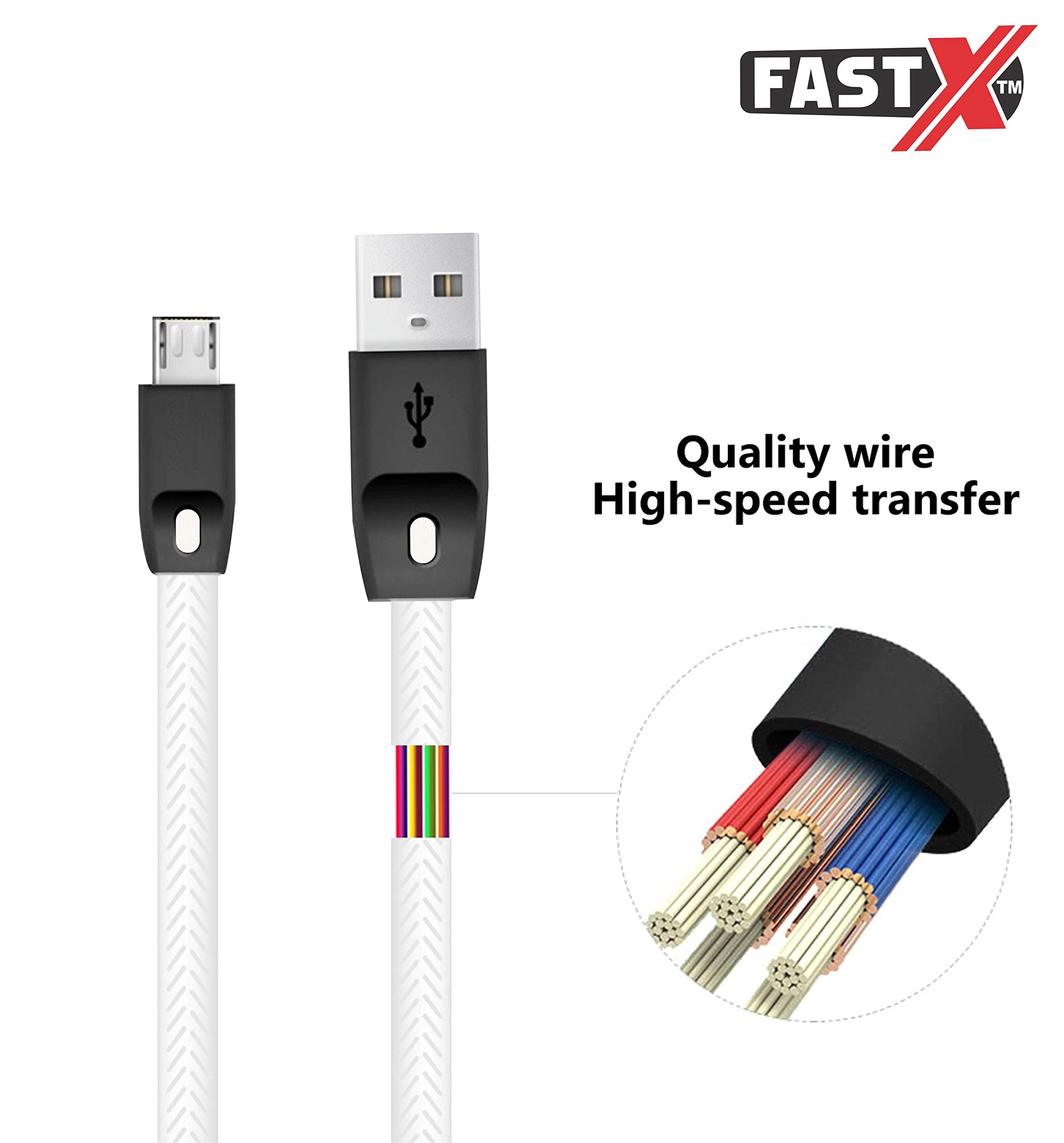 FASTX® Micro USB Cable - Power Bank Cable for Android Data Cables Fast Charging Cable Short Mini Small Flat Upto 2.1a Sync Powerbank Mobile Cable for Smartphones Laptop PC (White, Black) 2