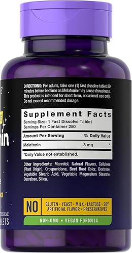 Miniatura 2 de Carlyle Tabletas de melatonina de 3 mg de disolución rápida | 250 unidades | dosis bajas y sin medicamentos | Vegano, sin OMG, sin gluten