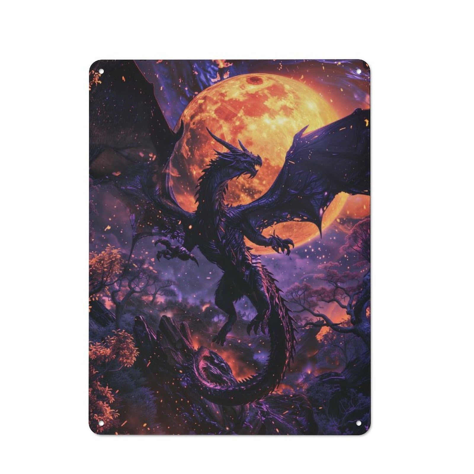 Junmoney Purple Dragon Full Moon 40X30cm Retro Metal Sign With For Café Or Restaurant, For Collectors Decorating Cafés And Restaurants