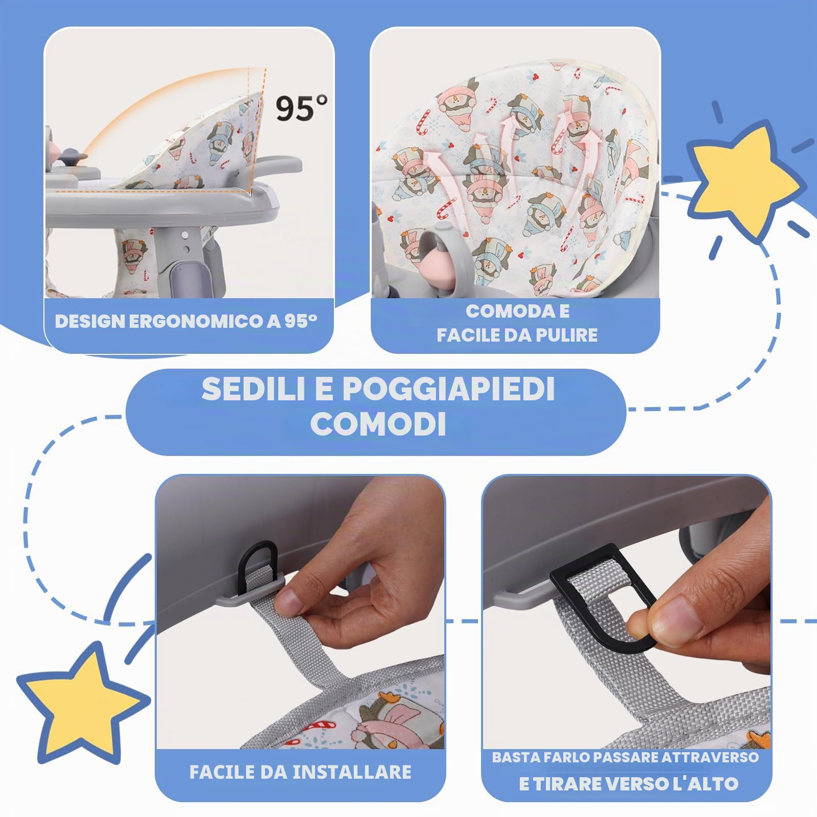 Girello per Bambini 3 in 1,Carrellino Primi Passi,Girello Pieghevole con Vassoio/Centro Giochi,Primi Passi per Bambini 6-18 Mesi,Ruote Silenziose a 360°