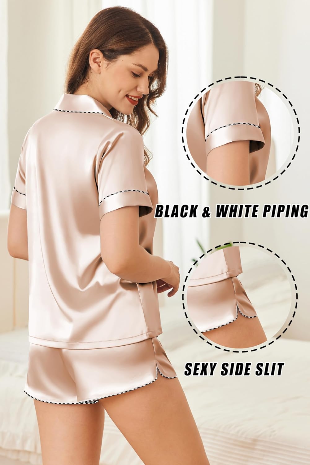 Ekouaer Silk Satin Pajamas Set Short Sleeve Pj Sets Black & White Contrast Piping Pjs Button Down Lounge Sets 2 Piece - Image 4