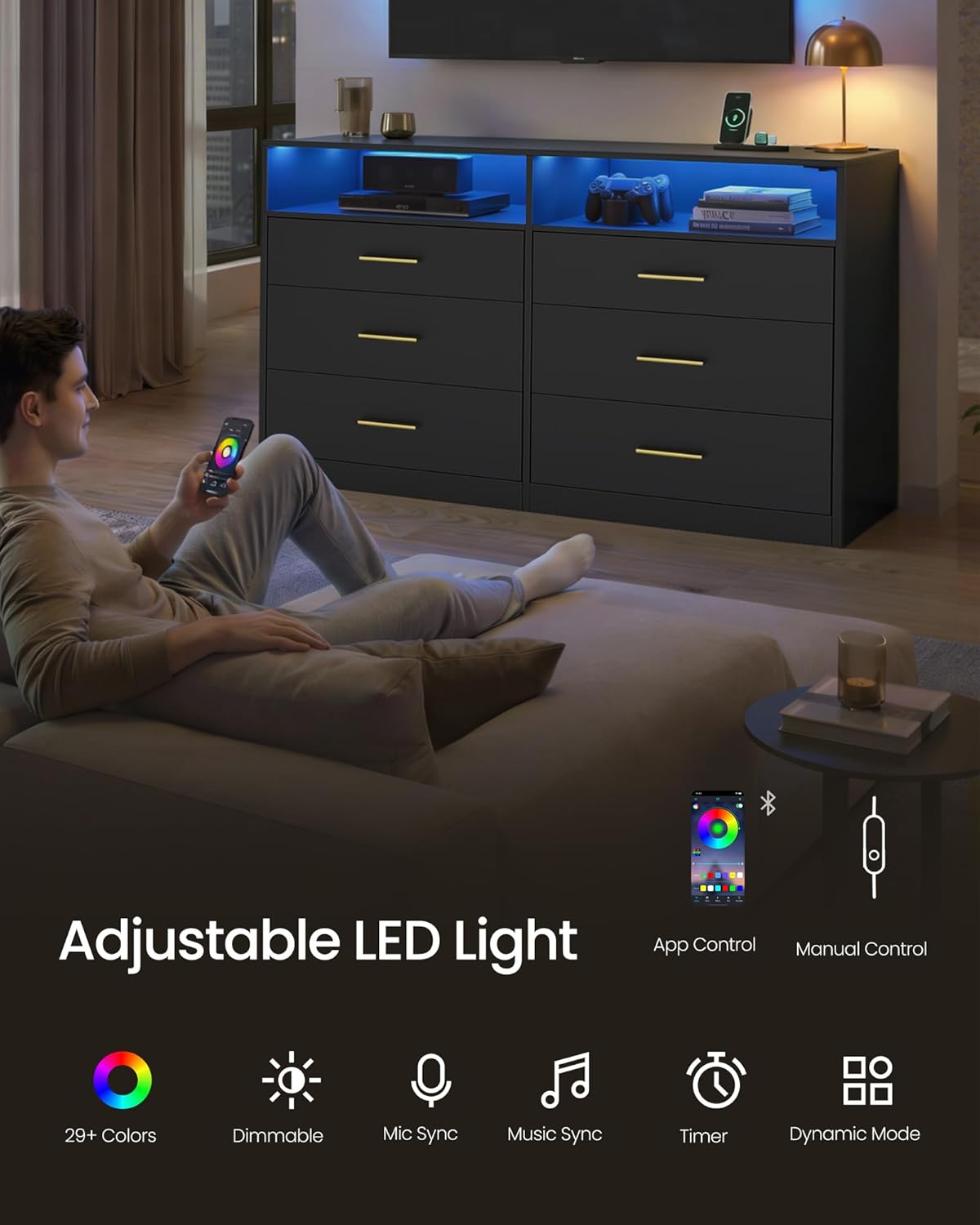 A person using a smartphone app to control the LED lights on the VASAGLE dresser.
