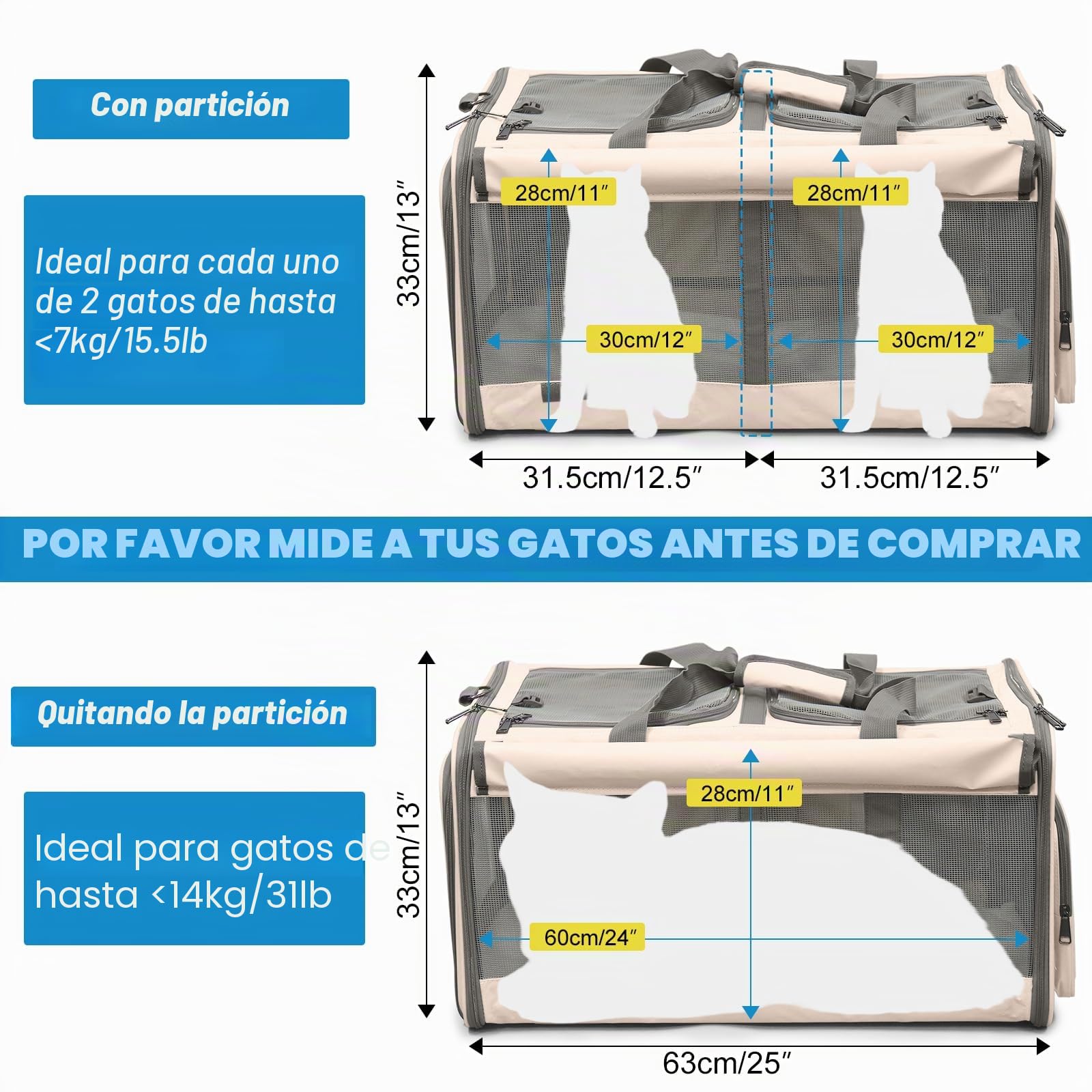 Transportín grande para gatos para 2 animales, transportador plegable con ruedas, compartimentos desmontables 2 en 1, con varita para gato y correa de almacenamiento