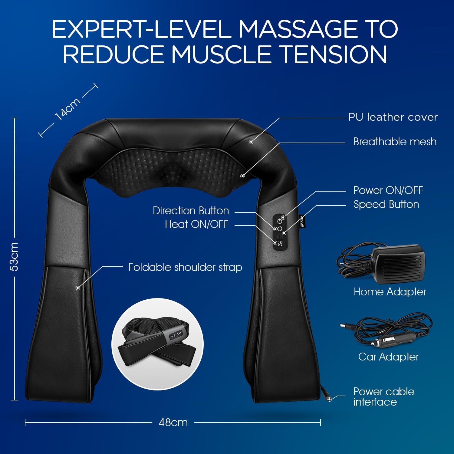 VOYOR-HEALTH Shiatsu Neck and Back Massager with Heat, Electric Deep Tissue 4D Kneading Massage for Shoulder, Back, Neck and Full Body Muscle Pain Relief, Home, Car, Office Use PJ100, Black