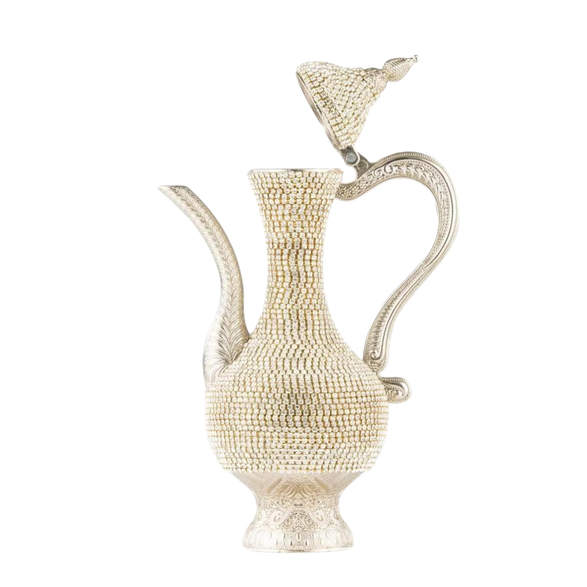 Steel Water Bottle Pitcher with Zirconia Stones | Handmade Metal Carafe Water Tea Coffee Jug Vintage Bottle | Turkish Ottoman Zamzam Pitchers (470 ML / 16 Oz, Zirconia Stone, Silver Color)