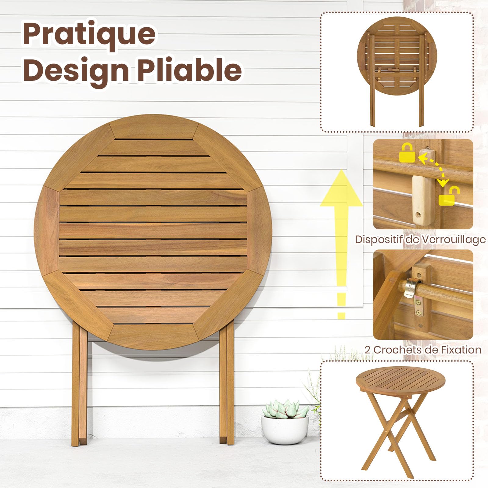GOPLUS Table Pliante Exterieur Bois d'Acacia Ronde Balcon Pliable Plateau à Lattes 80 kg 67 x 69,5 cm