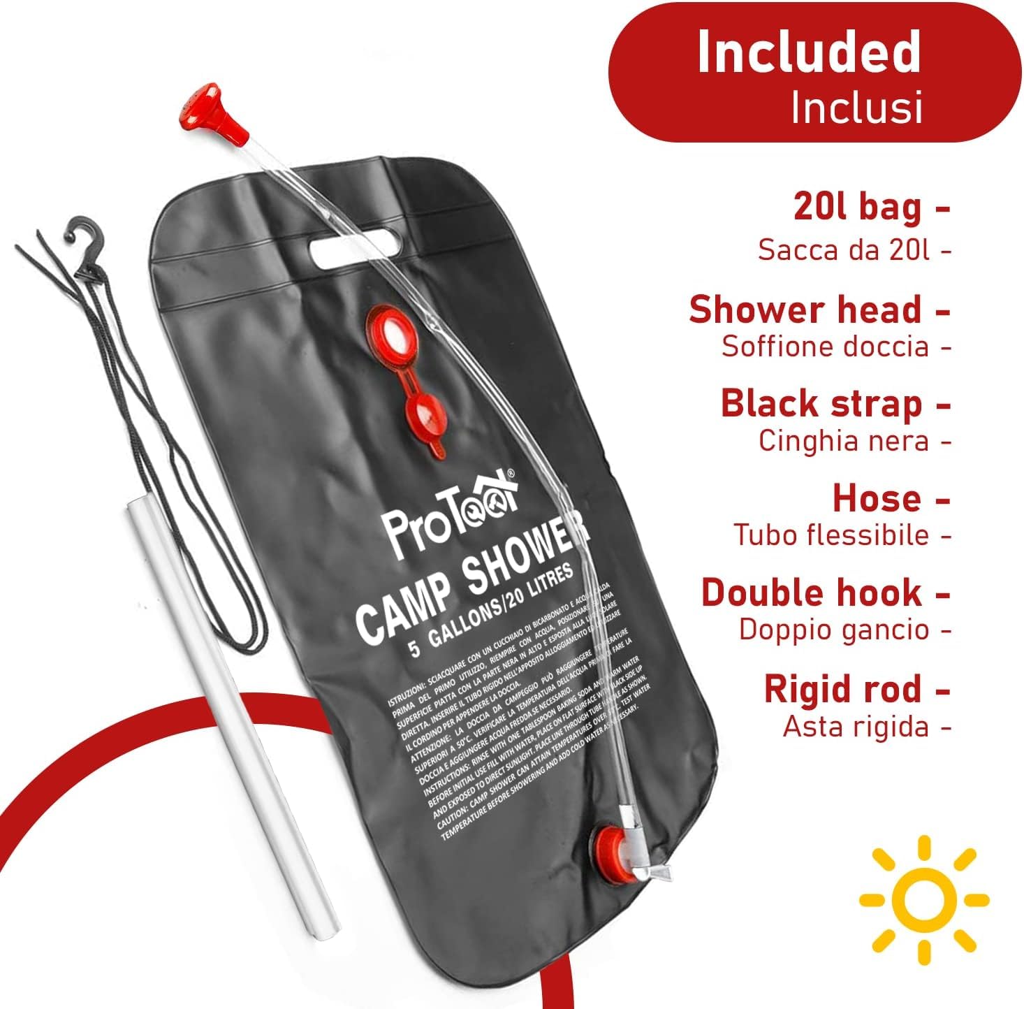 ProTool Prysznic Solarny Turystyczny Kempingowy 20L/40L – Przenośny Prysznic Campingowy z Wężem i Słuchawką – Prysznic Polowy Podgrzewany Słońcem – Na Camping, Biwak, Działkę, Plażę i Podróże