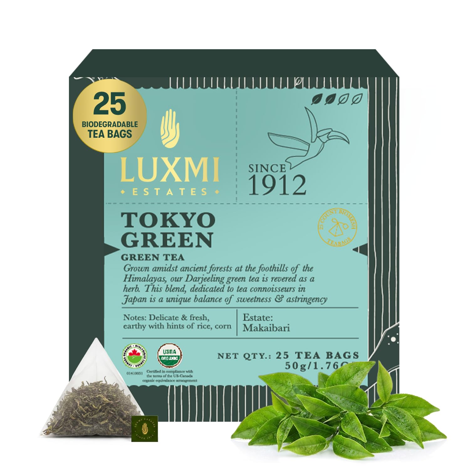 Luxmi Estates Tokyo Green Organic Green Tea (25 Tea Bags) Tea Bags For Relaxing, Calming, and Stress Relief, With Certified Organic Darjeeling Makaibari Green Tea Organic Darjeeling Green 25 Tea Bags