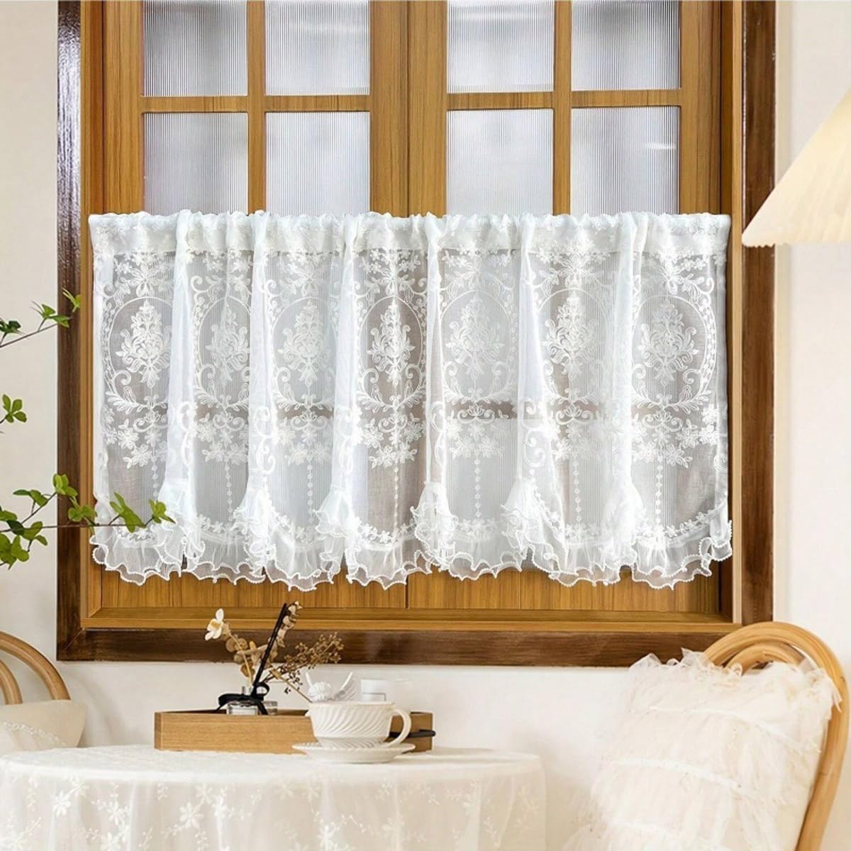 Rideau court boho vintage en dentelle crochet fleurs rétro Teron pour fenêtre cuisine 1,41x0,65m