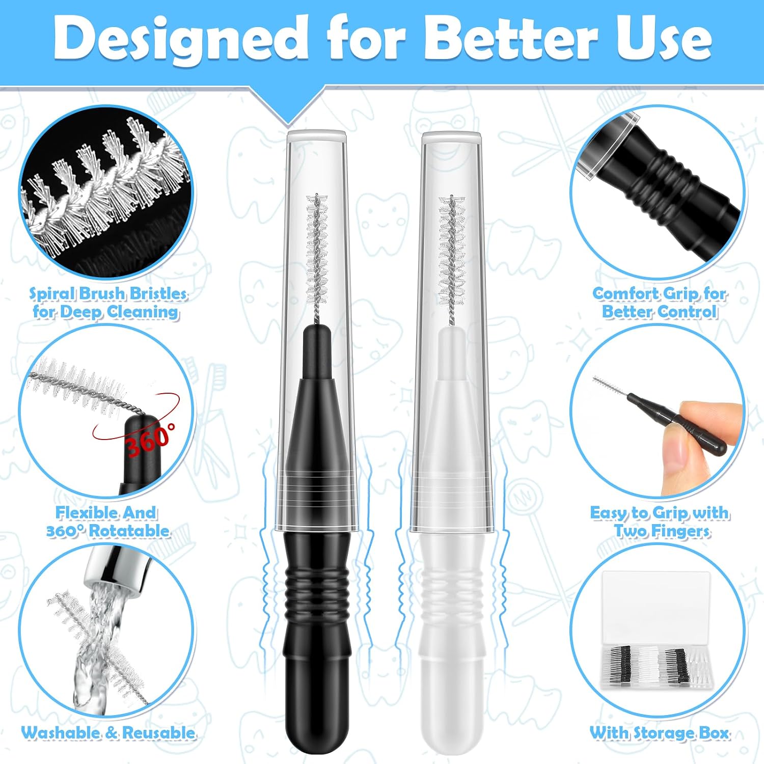 ROADPLUM 120Pcs Interdental Brushes, 360° Bendable Soft Bristles Braces Flossers Dental Brushes Between Teeth Gum Interdental Brushes for Gum Braces Oral Teeth Cleaning Tool (Black, White) image 4