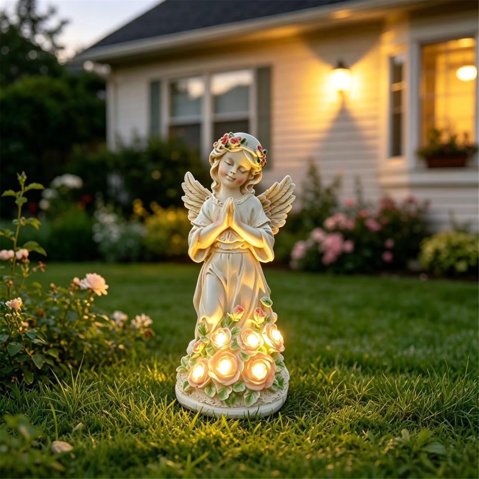 HABITZ Fata dei Fiori Notte LED Luce Resina Angelo Giardino Scultura Ornamenti Statua Decorazioni Esterni Figurine Ad Energia Solare Regali Decorazione for Patio,Balcone Tomba Accessori Esposizione