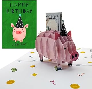 3D Birthday Card, Piggy Bank Money Holder for Cash Gift Birthday, Fun Money Card for Kids and Adults, Animal Pop-Up Card, with Envelope and Removable Note Card