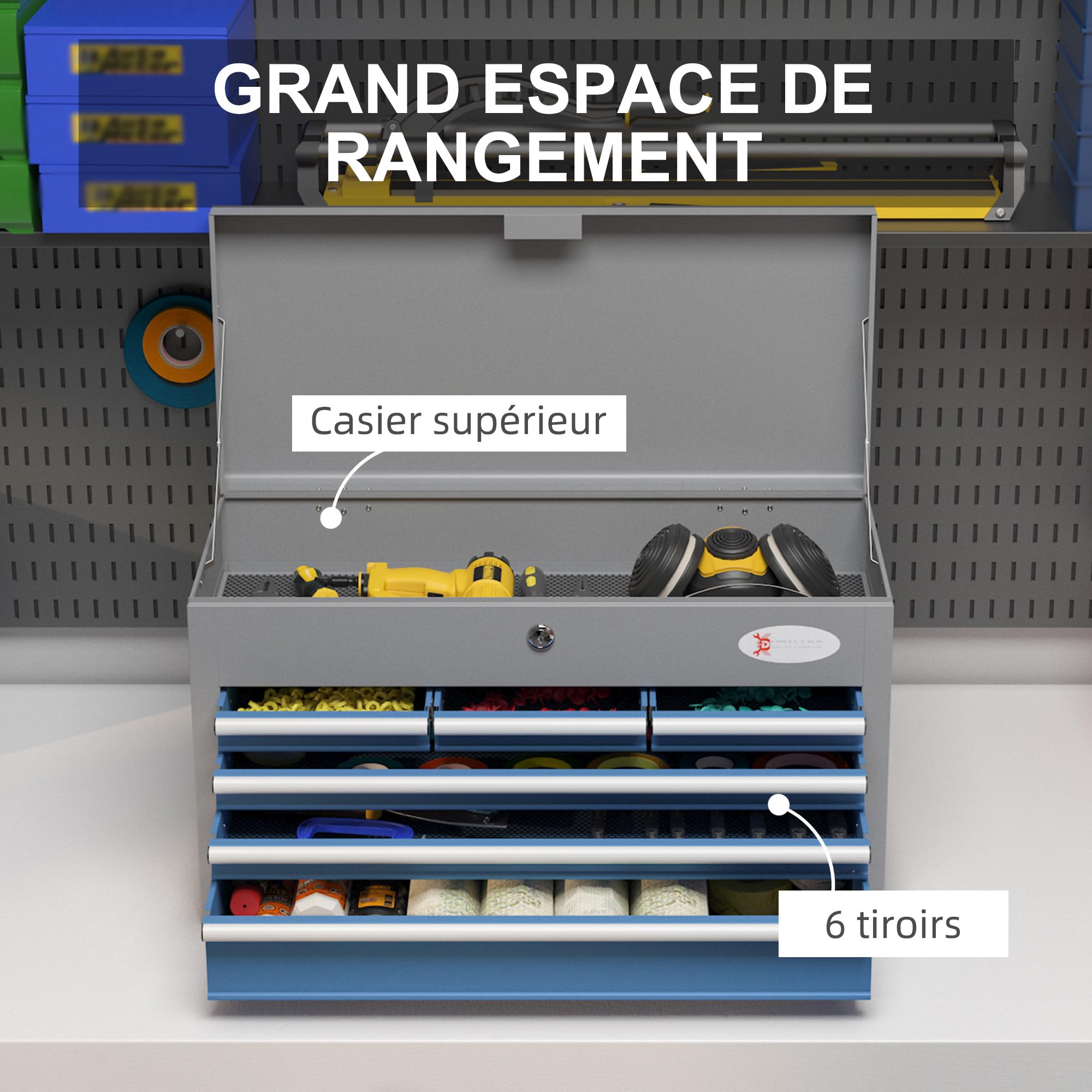 DURHAND Caisse Boite à Outils en métal avec 6 tiroirs et 1 Plateau supérieur, verrouillable avec 2 clés fournies, 2 poignées, Bleu
