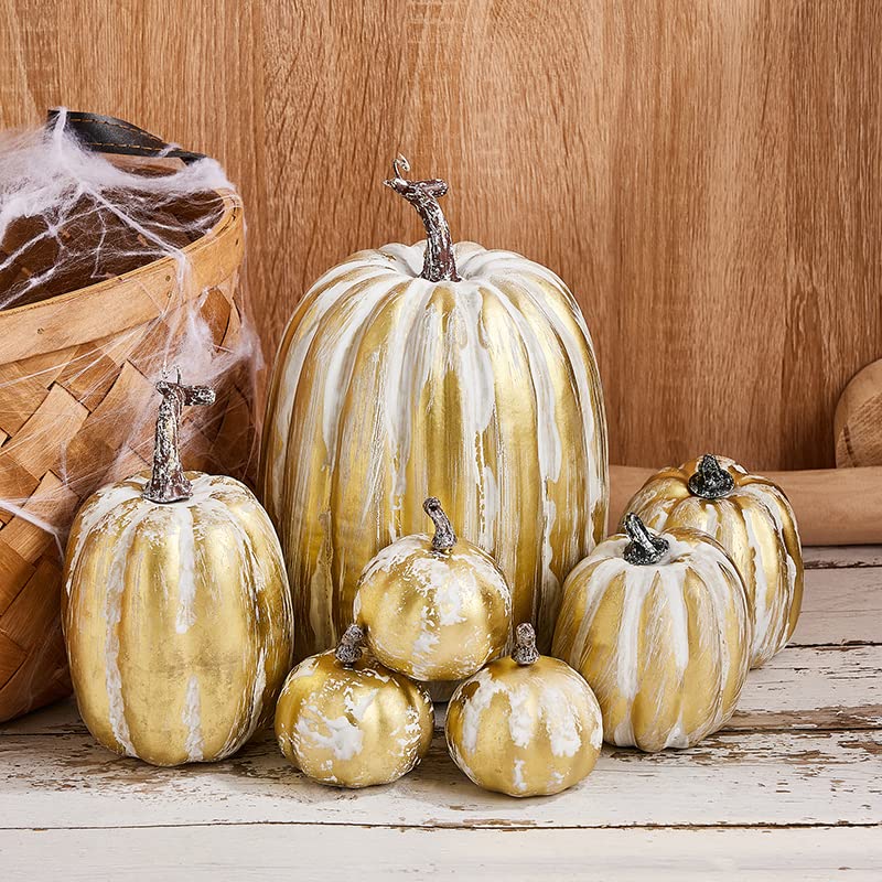 7Pcs Assorted Artificial Pumpkins Harvest Decorative Pumpkins Foam Pumpkins for Farmhouse Rustic Fall Thanksgiving Halloween Tabletop Shelf Kitchen Decoration (A-Gold White, One Size)