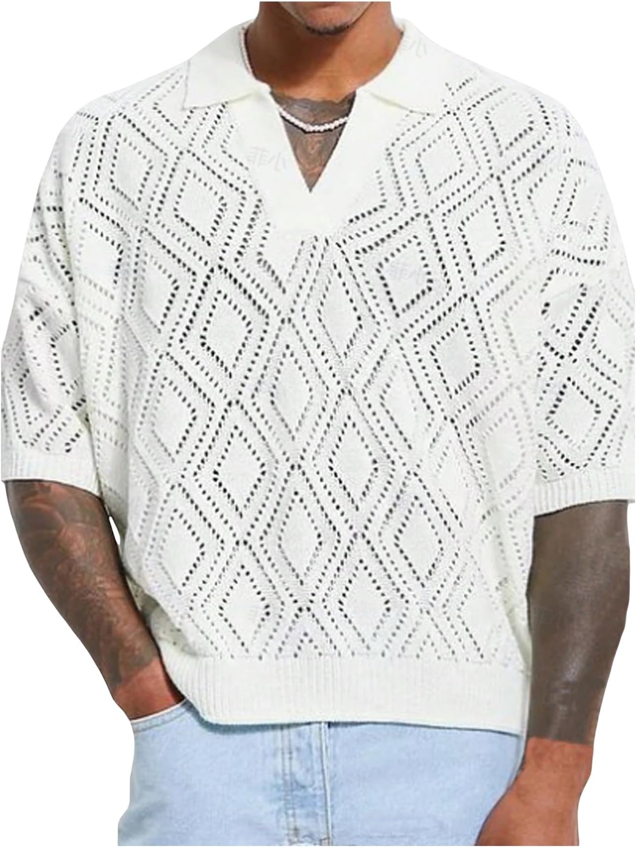 RoseSeekMen's Crochet Tops Short Sleeve Hollow Out V Neck Knit Shirts Pullover Summer Tops for Mens