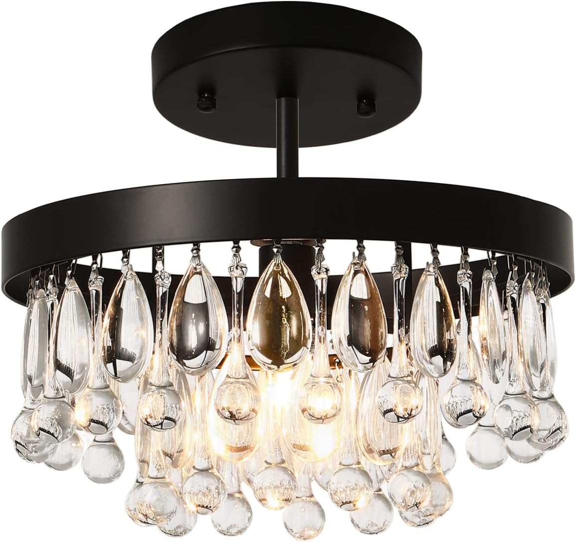 SEOL-Light Vintage Black Crystal Chandelier Small Close to Ceiling Light Round Tiered Pendant Light for Entryway,Kitchen,Dining Room,Dimmable,1 Light,40W,E12,12 Dia*6" H;