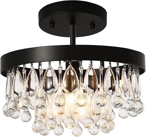 SEOL - Lámpara de araña de cristal negro vintage pequeña cerca del techo, lámpara colgante redonda con niveles para entrada, cocina, comedor,