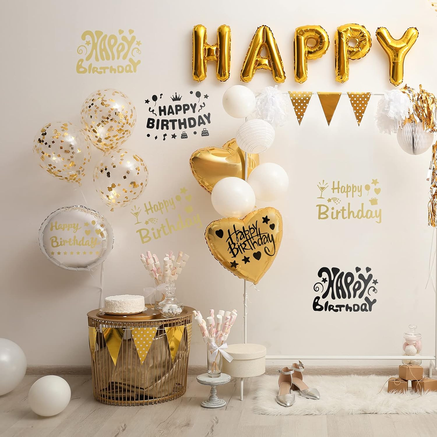 Outus 12 Pcs Balloon Sticker Party PVC Letter Stickers Bobo Balloon Decals Birthday Paster for DIY Mother's Day Wedding Party Decoration Supplies(Black Gold,Happy Birthday) - Image 6
