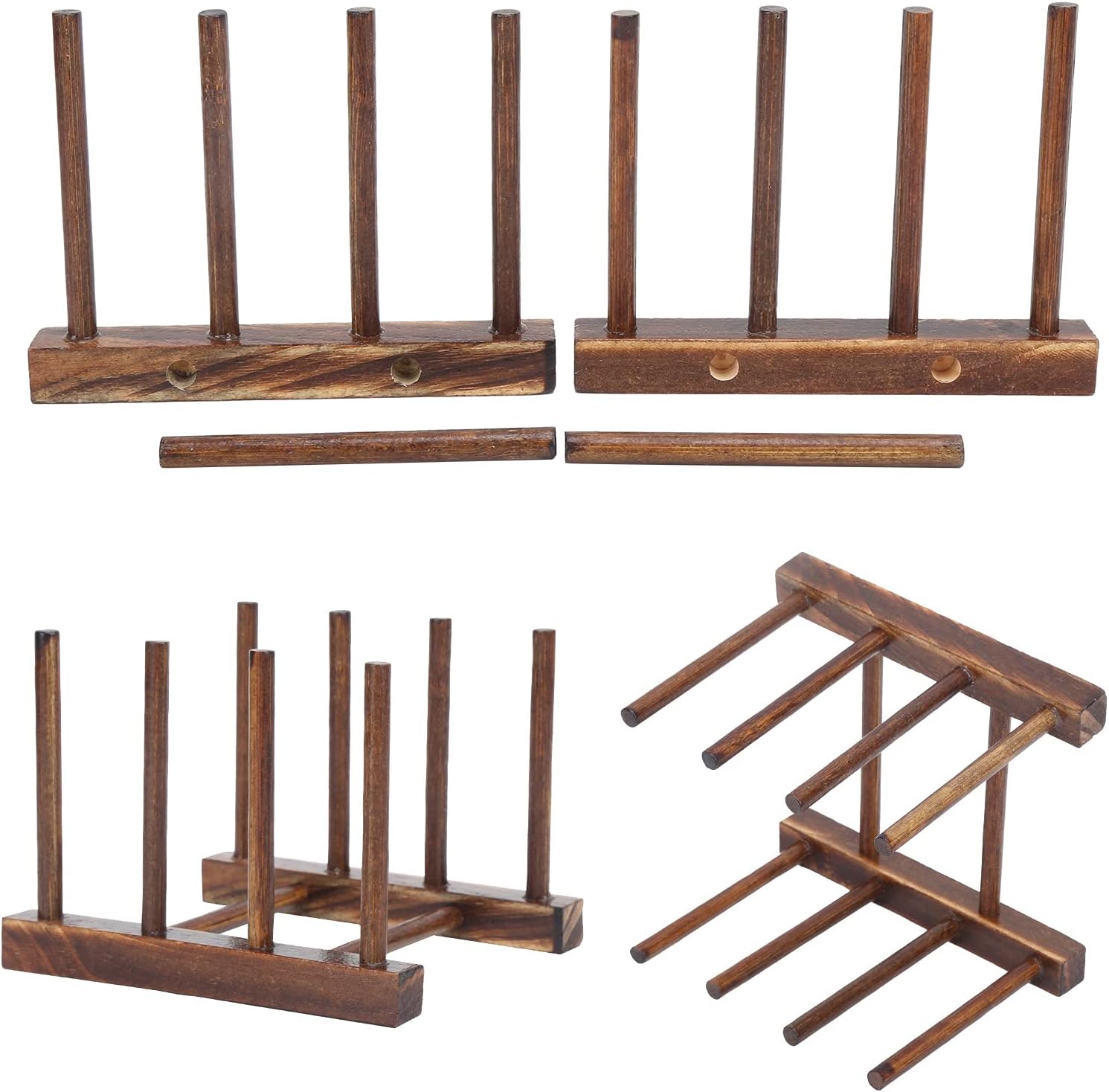 Wooden Dish Rack, Dishes Drainboard Drying Drainer Storage Holder Stand Kitchen Cabinet Organizer, Pot Lid Holder Dish Drying Rack for Dish, Plate, Bowl, Cup Pot(4 Pillar Carbon Fired) - Image 6