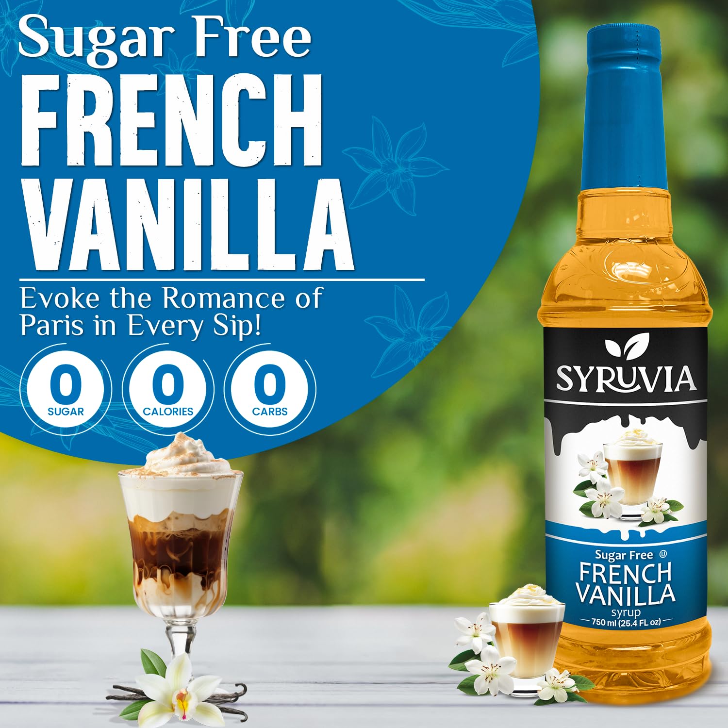 Sugar-Free French Vanilla Syrup by Syruvia 6-Pack, 25.4 fl oz, Wholesale Coffee Syrup Shops, Cafes, Baristas, Bistros, & Beverage Bars, Bulk Kosher & Gluten-Free