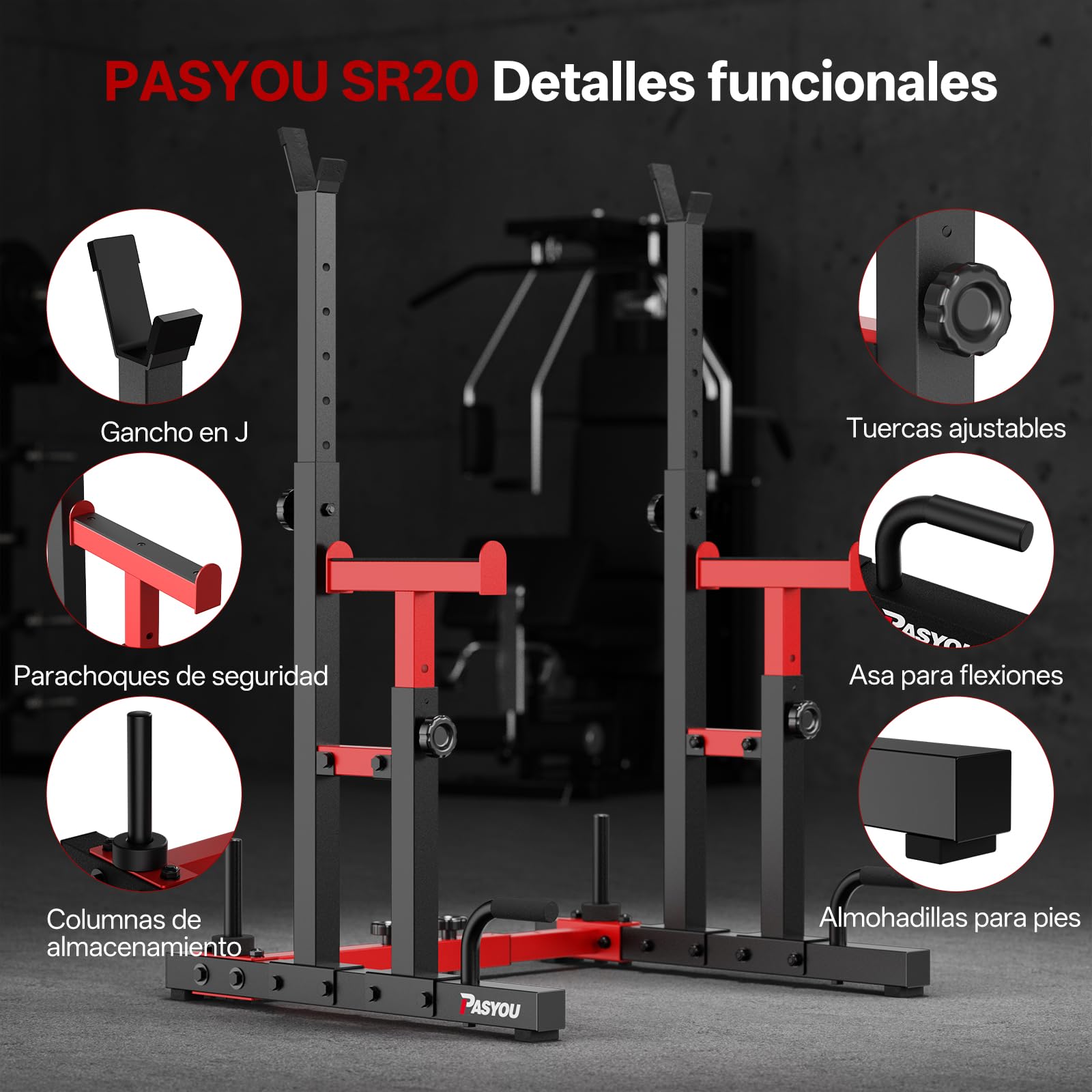 PASYOU Soporte Para Sentadillas Ajustable, Soporte Para Barra Ajustable, Rack Musculación Soporte Multifuncional Para Barra, Máx. 544 KG