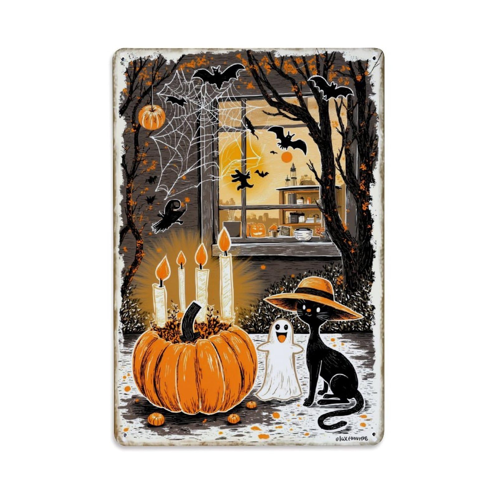 Halloween Cat Ghost Pumpkin Bats Retro Metal Tin Sign, Vintage Decor Art Poster for Bar, Home, Man Cave, Kitchen, Laundry Room Gift 8x12Inch
