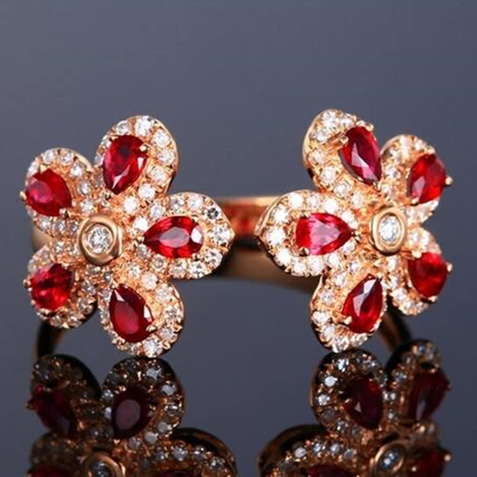 KnSam Au750 - Anillo de boda de oro rosa de 18 quilates, para mujer, color rojo rubí, doble flores, oro rosa, Au750 con diamantes de joyería auténtica
