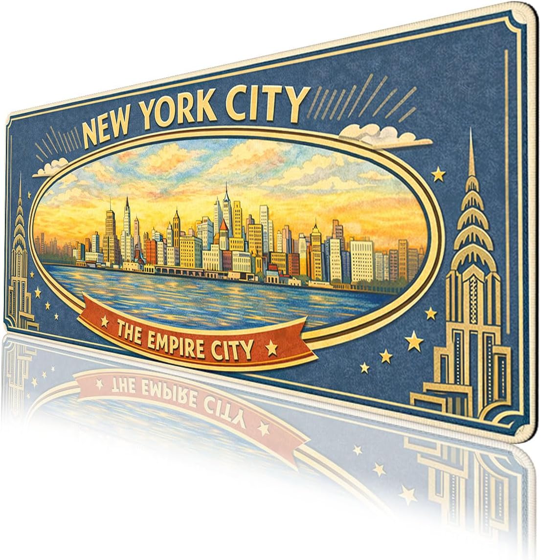 Vintage City Mouse Pad, New York Skyline Retro Travel Poster Gaming Desk Mat Waterproof Stitched Edges Rubber Base Non-Slip Deskmap Computer Keyboard Mat, 31.5x11.8in Desk Home Office Gaming