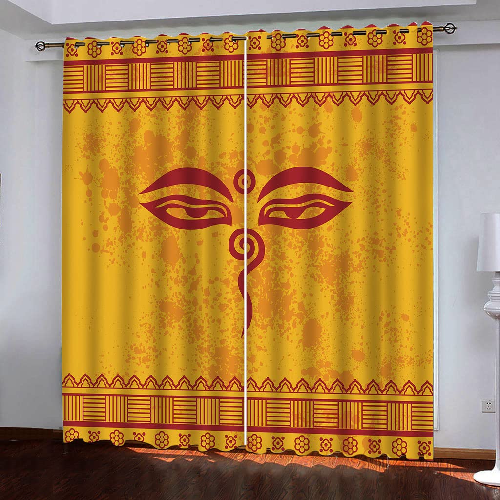 Rideaux occultants jaunes 140x290 cm de style ethnique indien pour chambre | Lot de 2 pièces