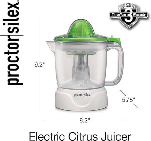 Miniatura 8 de Proctor Silex Máquina Exprimidora Eléctrica de Cítricos, Jarra Grande de 34 oz, Activada por Presión, 2 Conos Extractores para Frutas Grandes