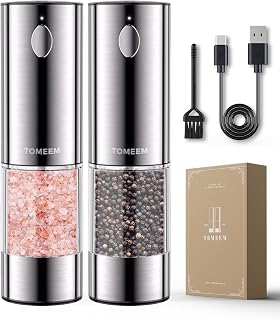 TOMEEM Rechargeable Electric Salt & Pepper Grinder Set - 110ml Large Capacity, 5 Grind Levels, LED Lights, Stainless Steel