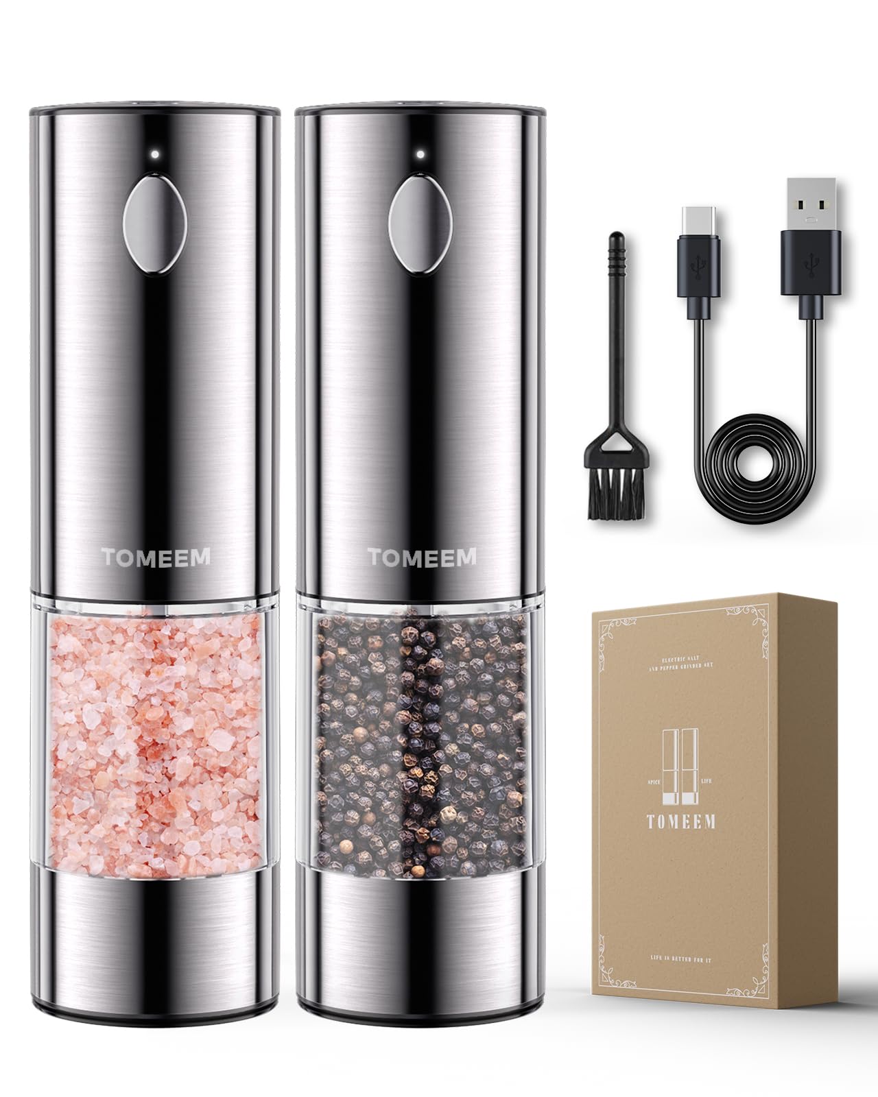 Upgraded Larger Capacity Electric Salt and Pepper Grinder Set Rechargeable with LED lights, Stainless Steel Automatic Pepper and Salt Grinder Refillable with 5 Adjustable Coarseness