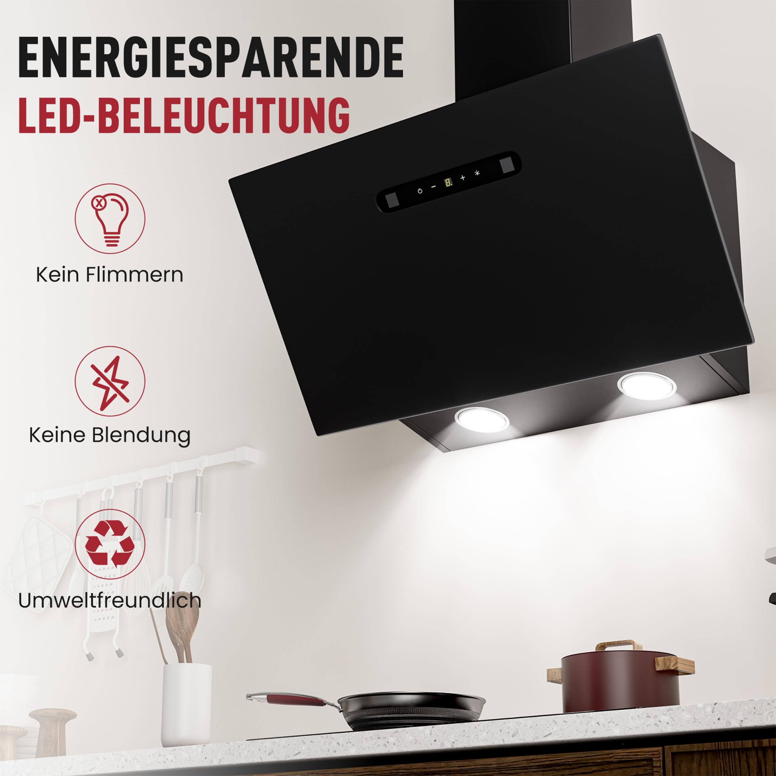 A+++ Kopffreie Dunstabzugshaube 60cm Umluft & Abluft mit 420 m³/h