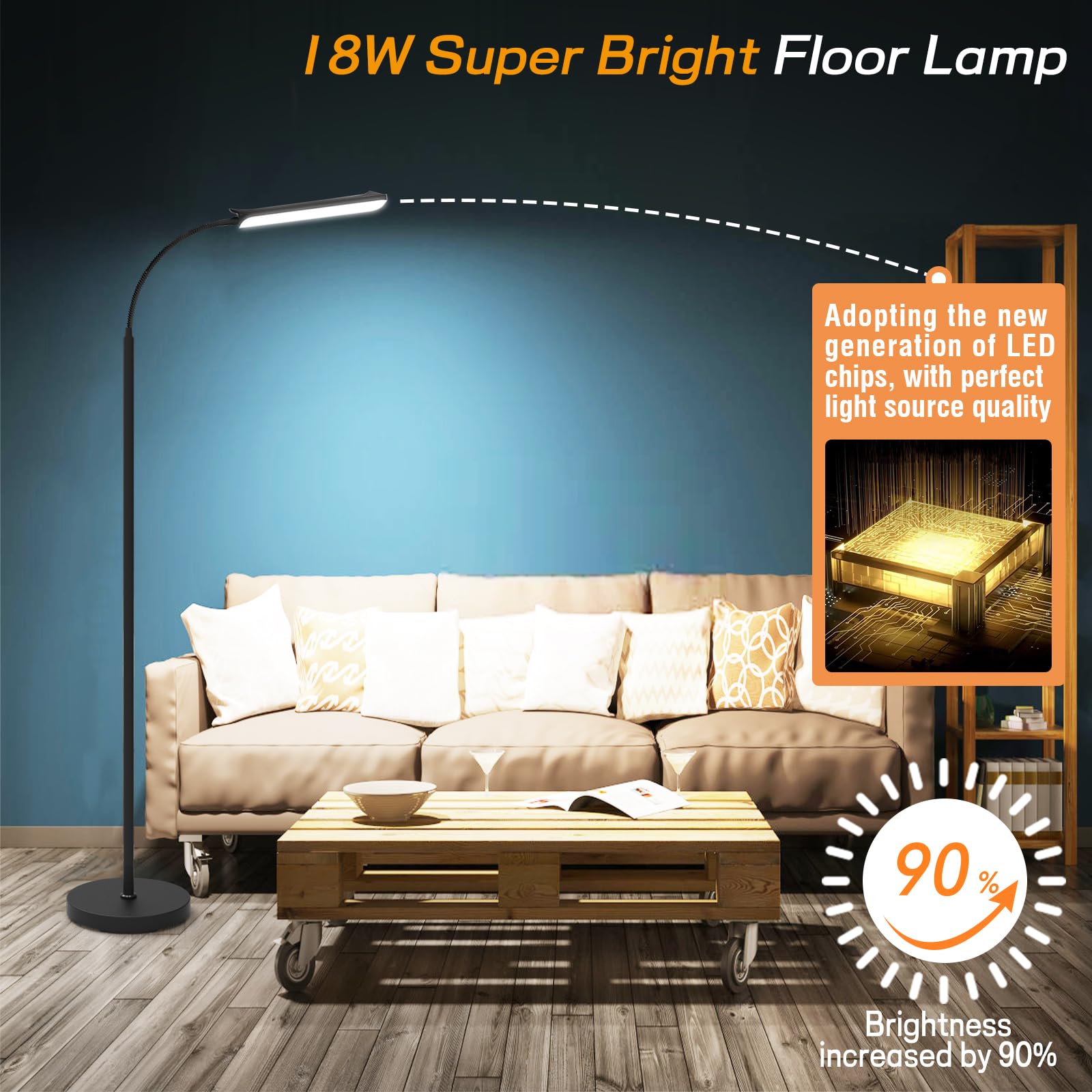 Marctronic Lampadaire LED sur Pied 18W 1800LM avec Variateur Télécommande et Contrôle Tactile, Noir