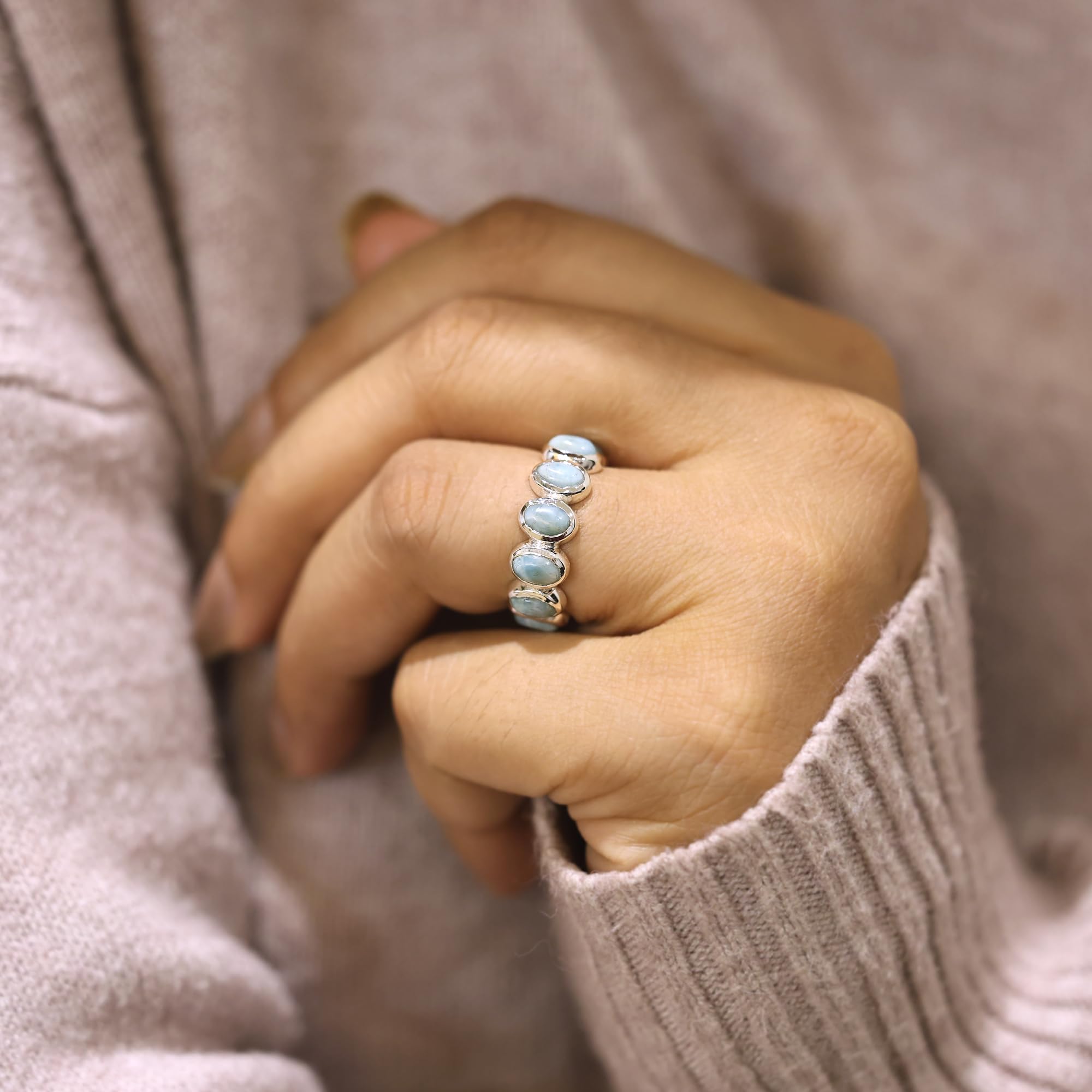 Anillo de plata de ley 925 con larimar natural para mujer, anillo de eternidad, joyería de piedras preciosas de larimar azul para niñas